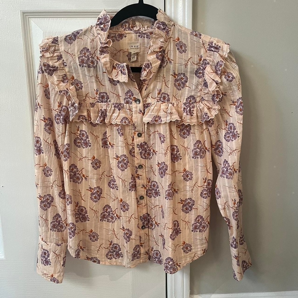 La Vie Rebecca Taylor Floral Ruffle Button Down Blouse Pink Purple XS Cotton